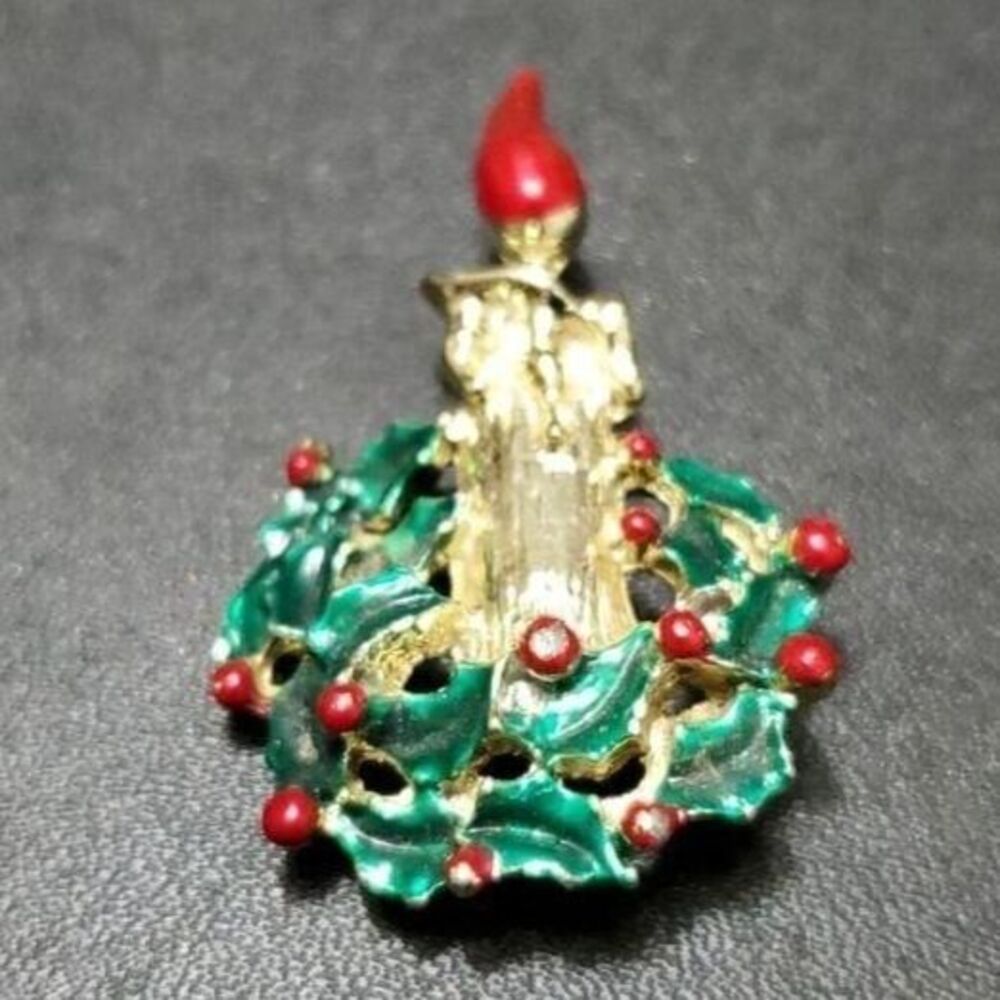 Vintage gold tone holiday candle brooch green red